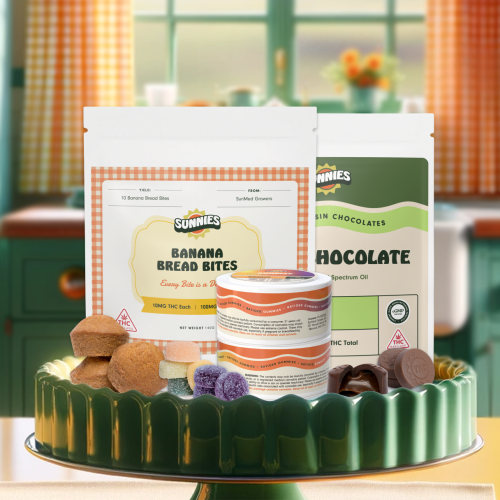 Sunnies Edibles on a decorative cake stand in a kitchen