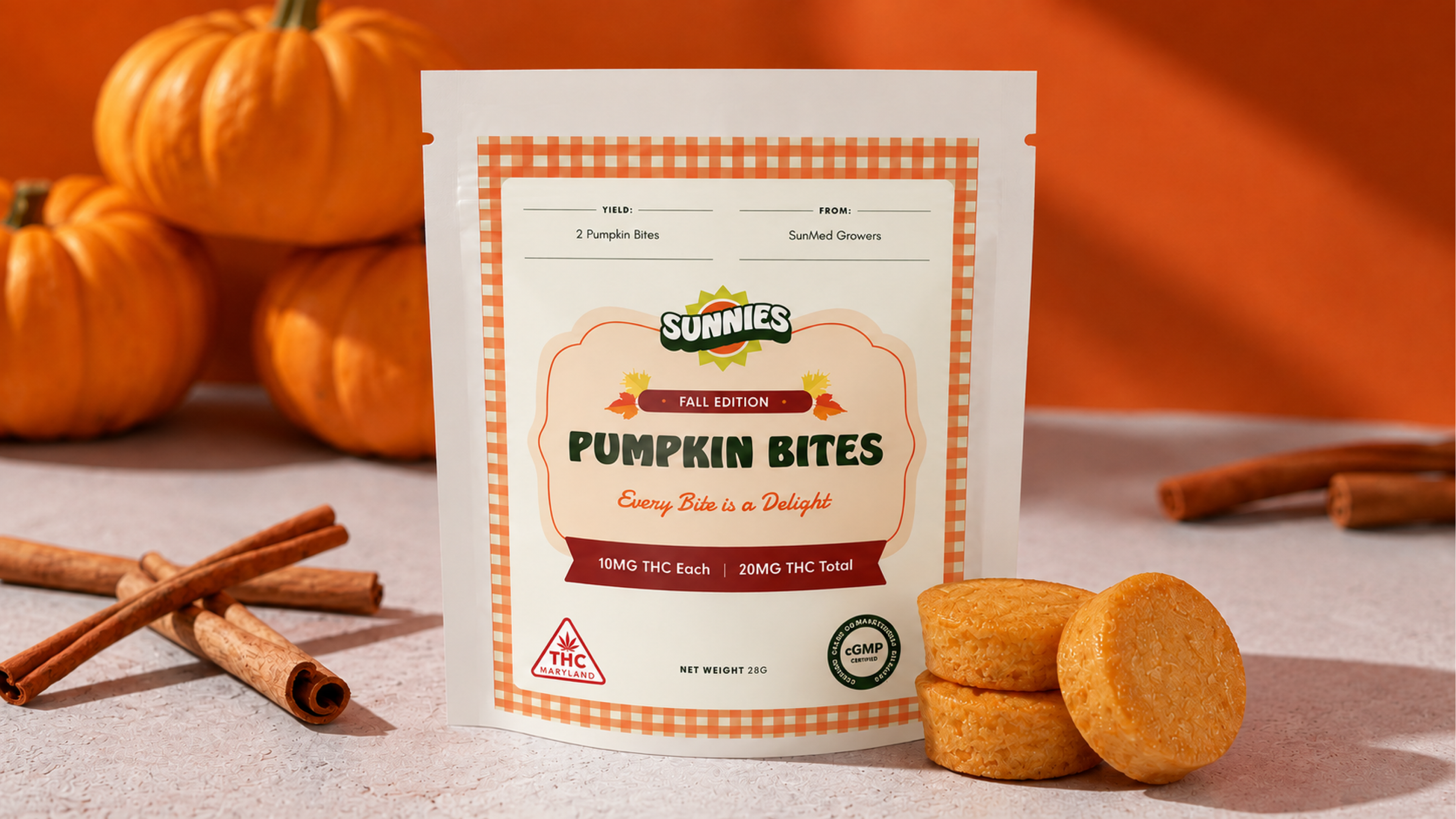 Sunnies Pumpkin Bites with fall colors in the background
